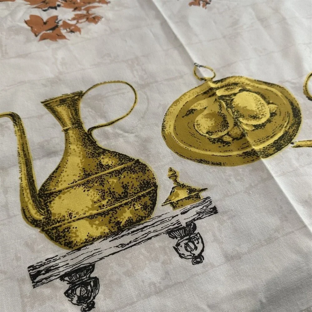 Vintage Tablecloth Colonial Teapot Pitcher Mid Century Yellow Orange 48